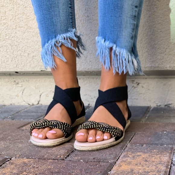 Black Elasticize Straps Studs Vamp Espadrille Flat - Picture 3 of 6